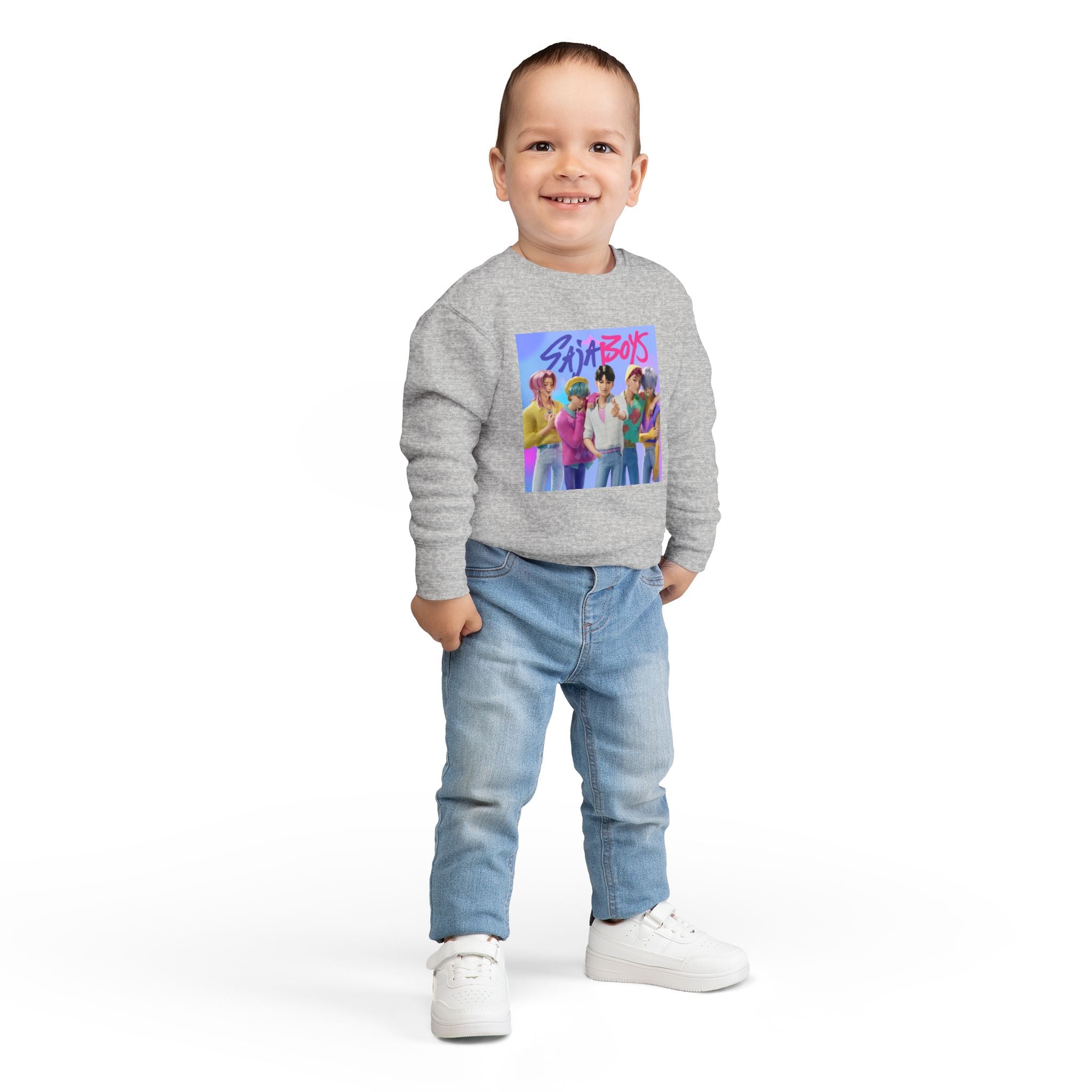 K pop demon hunters merch Colorful Toddler Sweatshirt with ‘Sajaboys’ Design