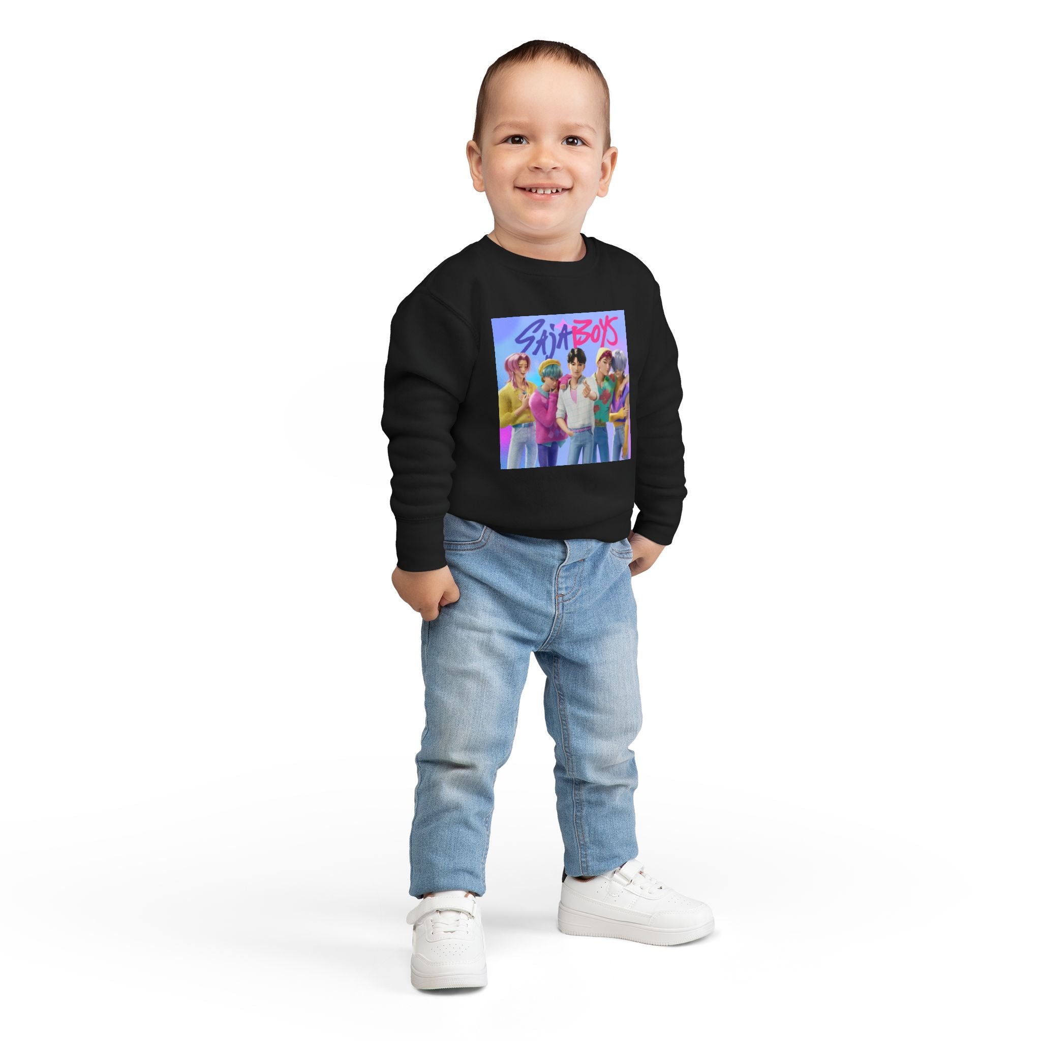 K pop demon hunters merch Colorful Toddler Sweatshirt with ‘Sajaboys’ Design
