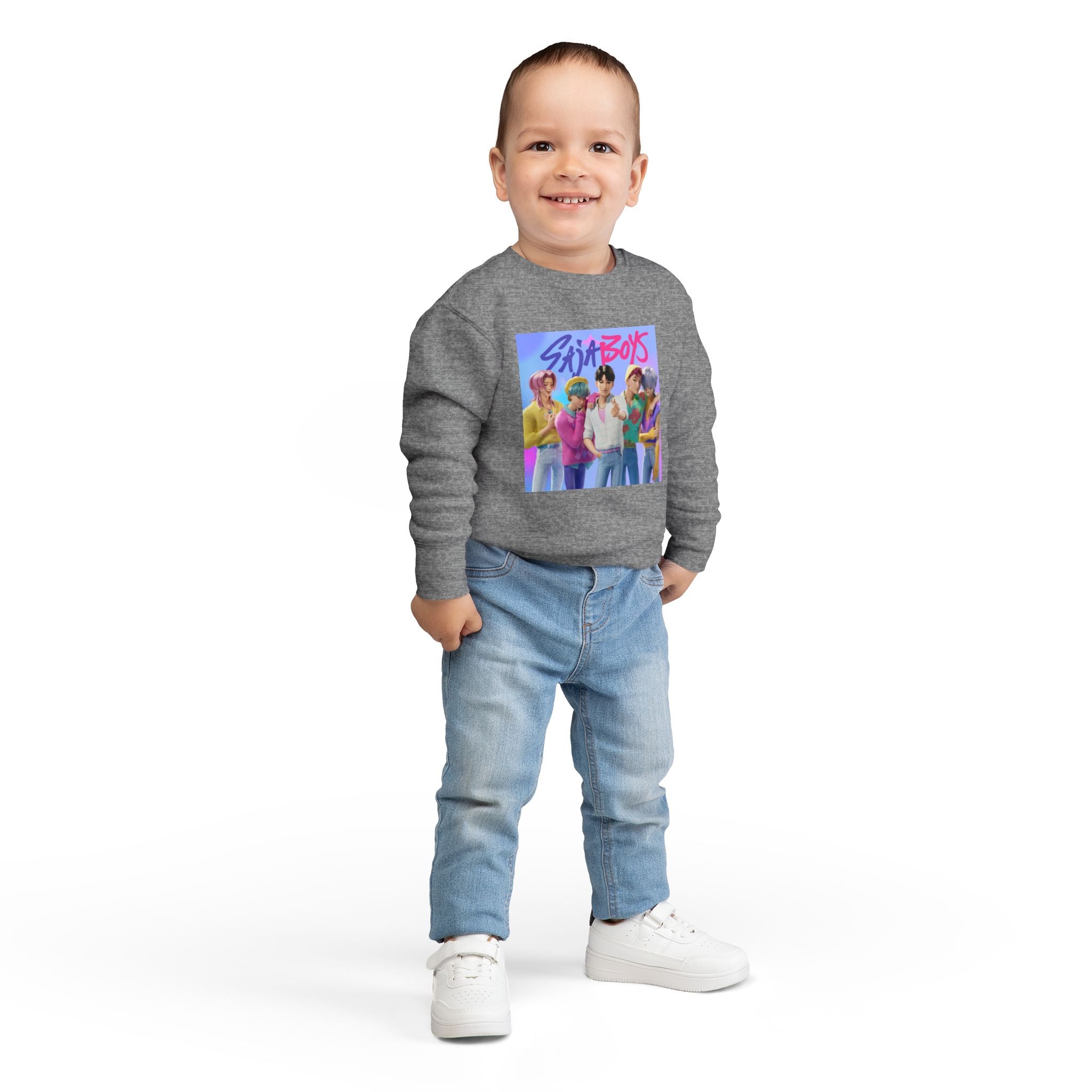 K pop demon hunters merch Colorful Toddler Sweatshirt with ‘Sajaboys’ Design