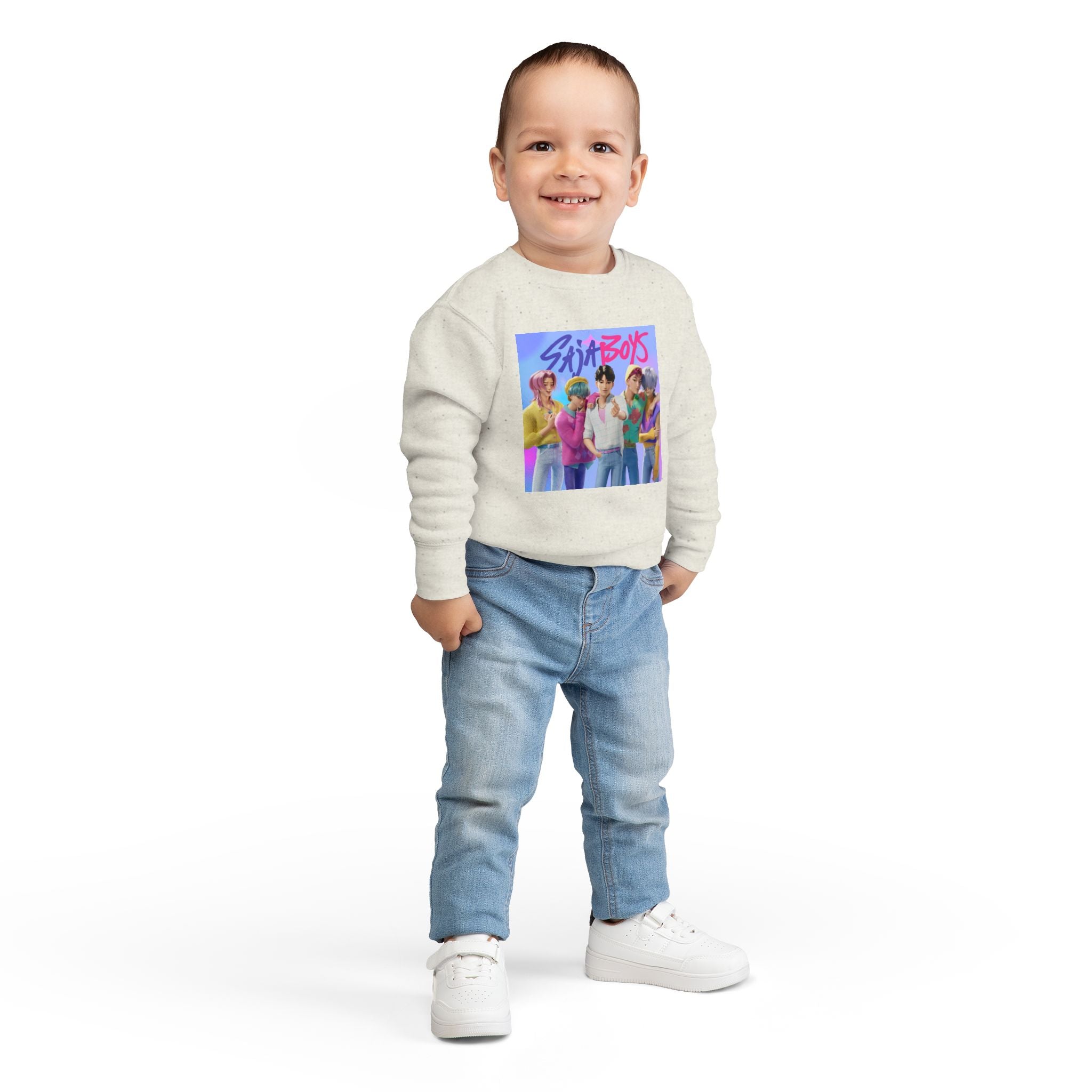 K pop demon hunters merch Colorful Toddler Sweatshirt with ‘Sajaboys’ Design